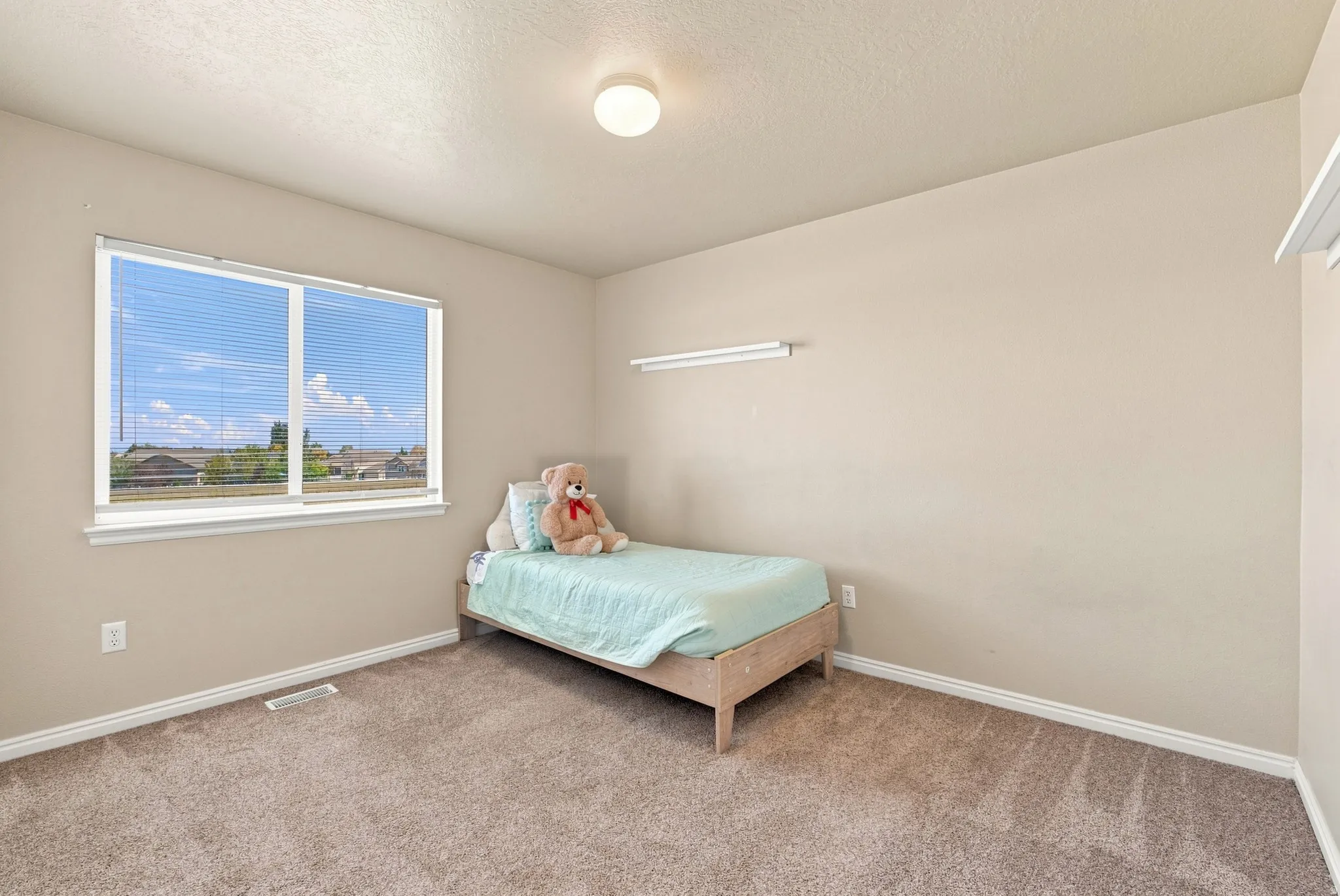 Wall-to-wall carpeting, neutral wall color, built-in wall shelving, and a prominent window