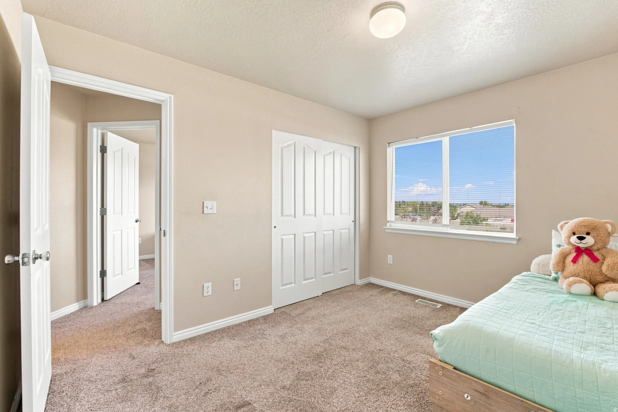 Wall-to-wall carpeting and neutral wall tones