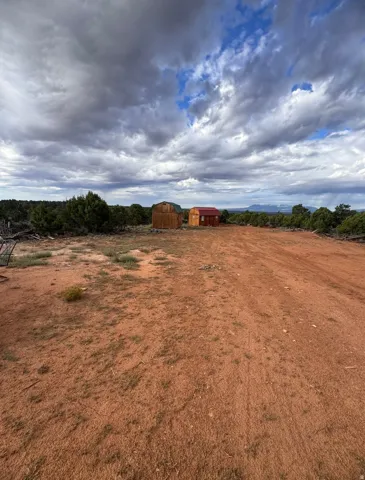Expansive land parcel featuring two wood-sided outbuildings with pitched roofs, surrounded by natural ground cover and distant tree lines