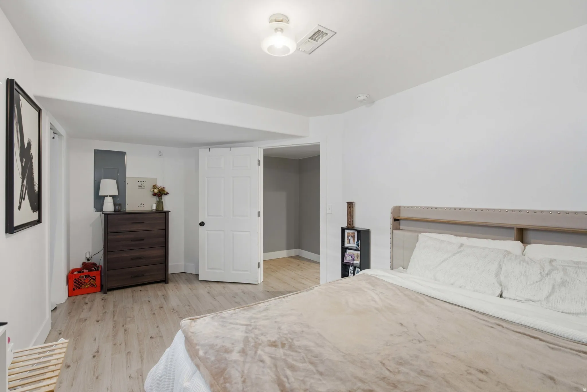 Wood-finish flooring, white walls, and a ceiling-mounted light fixture
