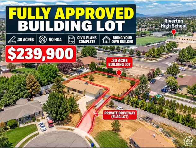 .30-acre building lot featuring a private flag lot driveway, complete civil plans, and mountain backdrop