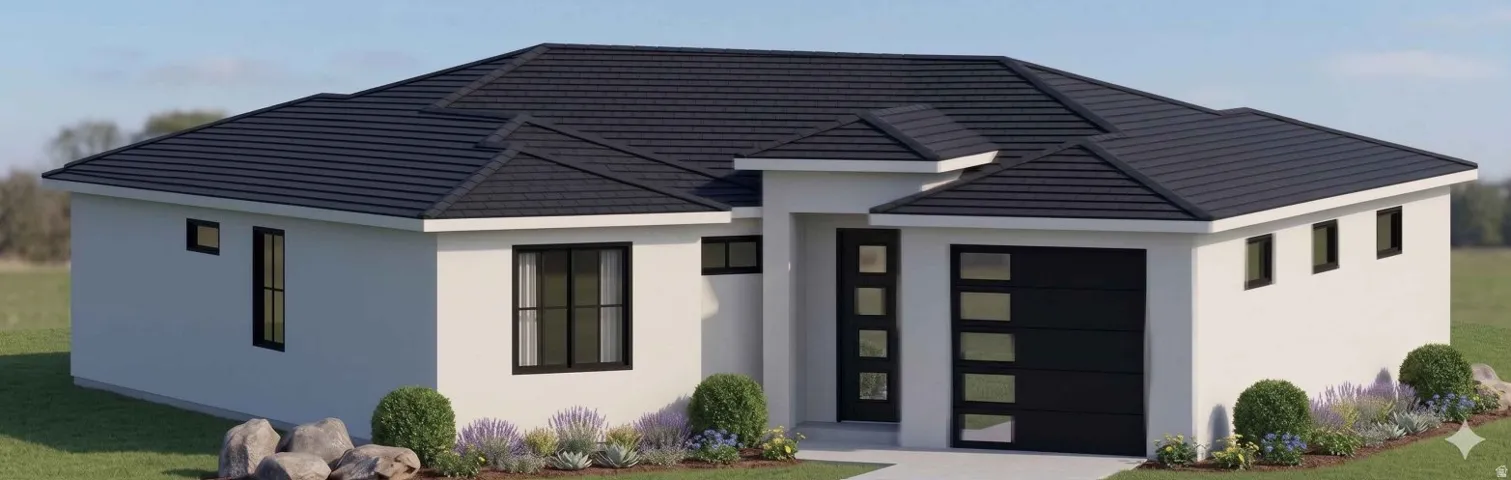 Contemporary exterior featuring a dark tile roof, smooth white stucco finish, and a modern garage door with frosted glass panels