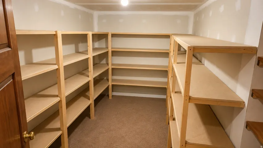 Expansive walk-in pantry with extensive built-in wooden shelving, carpeted flooring, and a flush-mount ceiling light