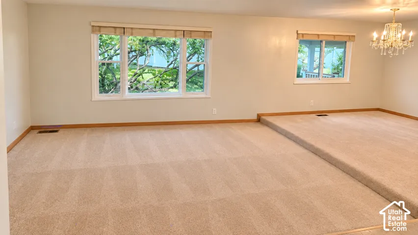Spacious room featuring neutral carpeting, a raised carpeted area, and multiple windows