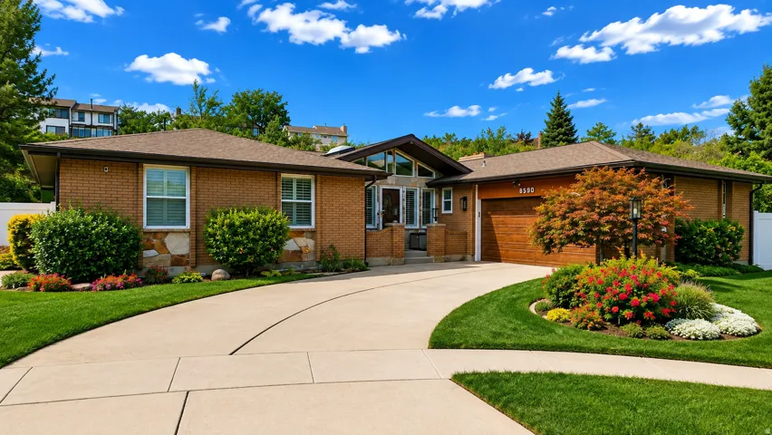 Brick exterior with stone accents, a multi-pane front entry, and a wood-finish garage door