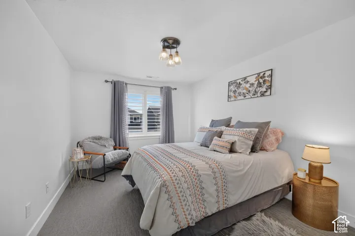 Neutral interior walls, ceiling-mounted light fixture, window with plantation shutters, window with curtains, and gray carpeting