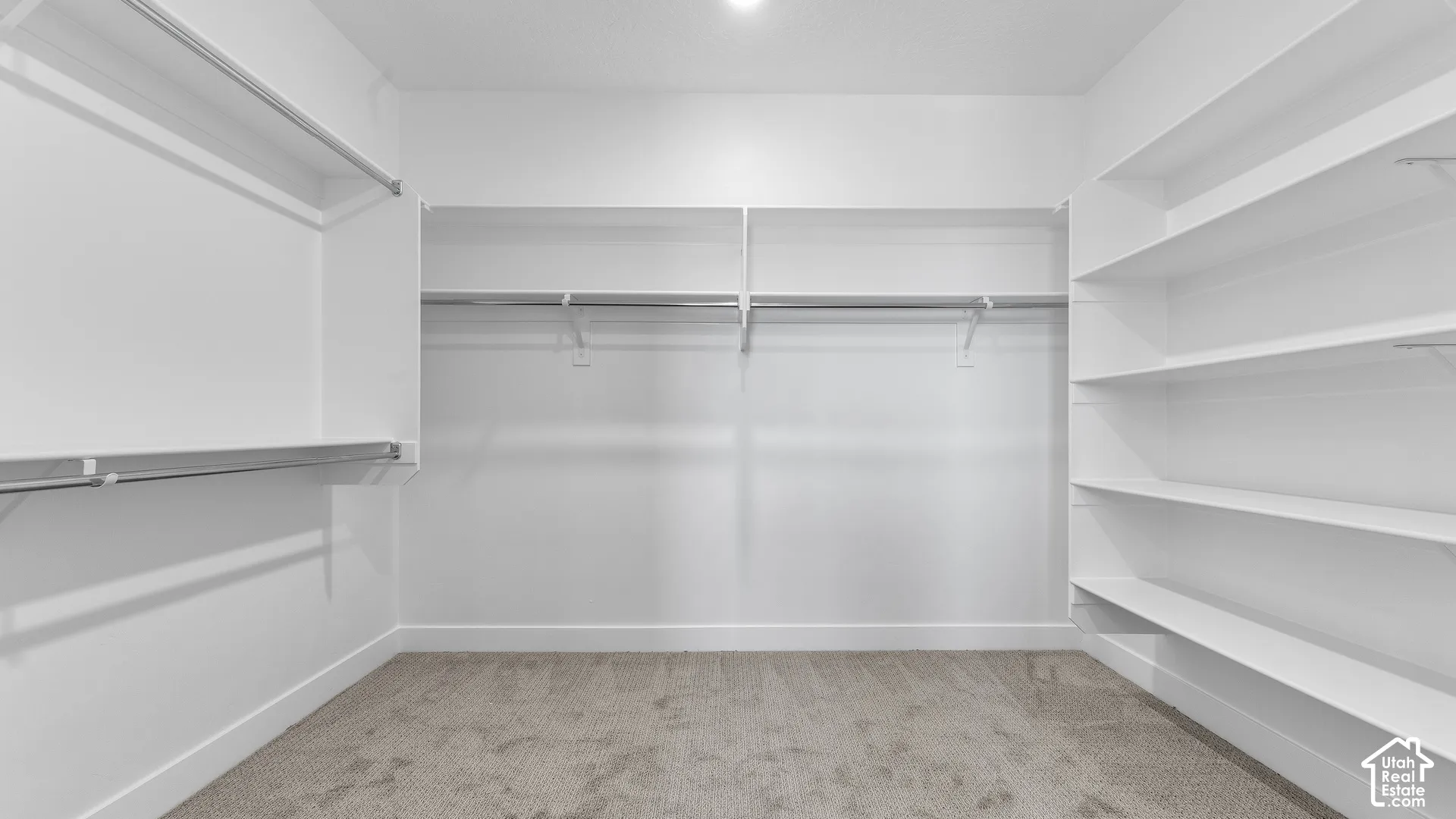 Built-in shelving, multiple hanging rods, recessed ceiling light, white walls, and carpet flooring