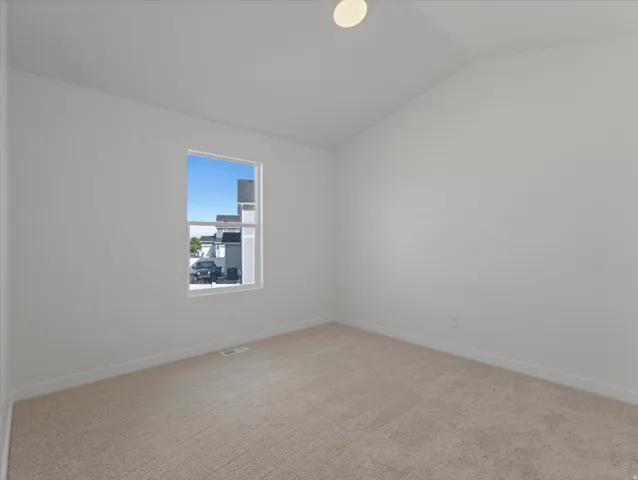 Vaulted ceiling with flush-mount lighting, carpeted flooring, and a single window