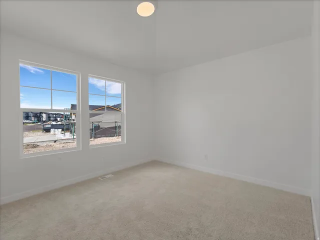 Neutral wall finishes, light-toned carpeting, and a flush mount ceiling light