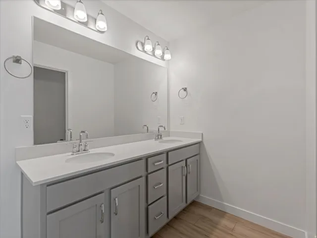 Dual vanity with undermount sinks, light gray cabinetry, and light-colored countertops
