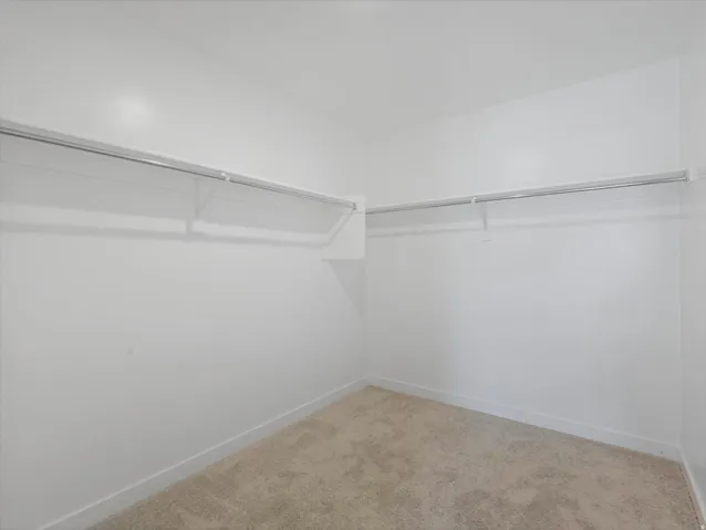 Walk-in closet with built-in shelving and hanging rods