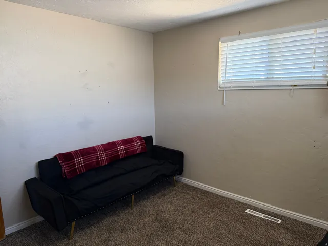 Neutral wall color, window with horizontal blinds, carpeted flooring, and white trim