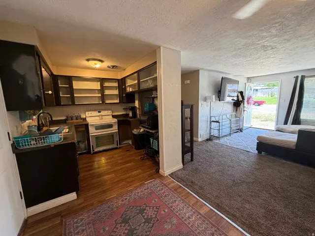 Kitchen featuring wood-finish flooring, dark cabinetry, and a built-in range with a double oven