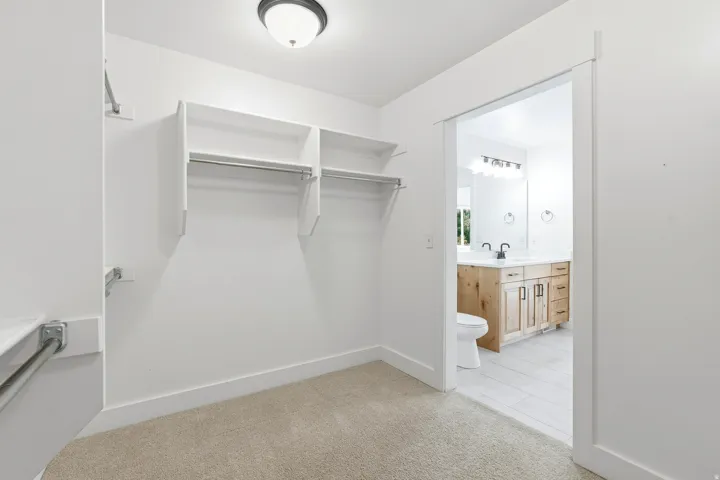 Carpeted closet with built-in shelving and hanging rods