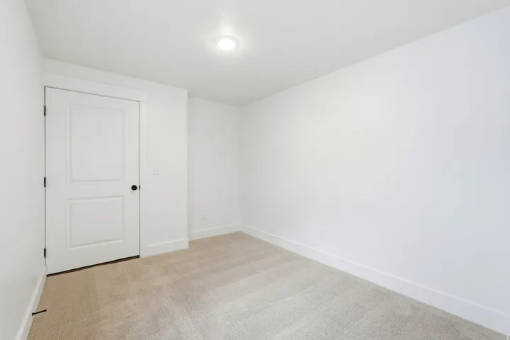 Neutral wall finishes, recessed ceiling light fixture, paneled interior door, black door hardware, and plush carpeting