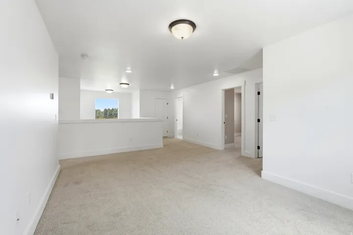 Loft area with light-colored carpeting, white painted walls, recessed lighting, and a ceiling-mounted light fixture