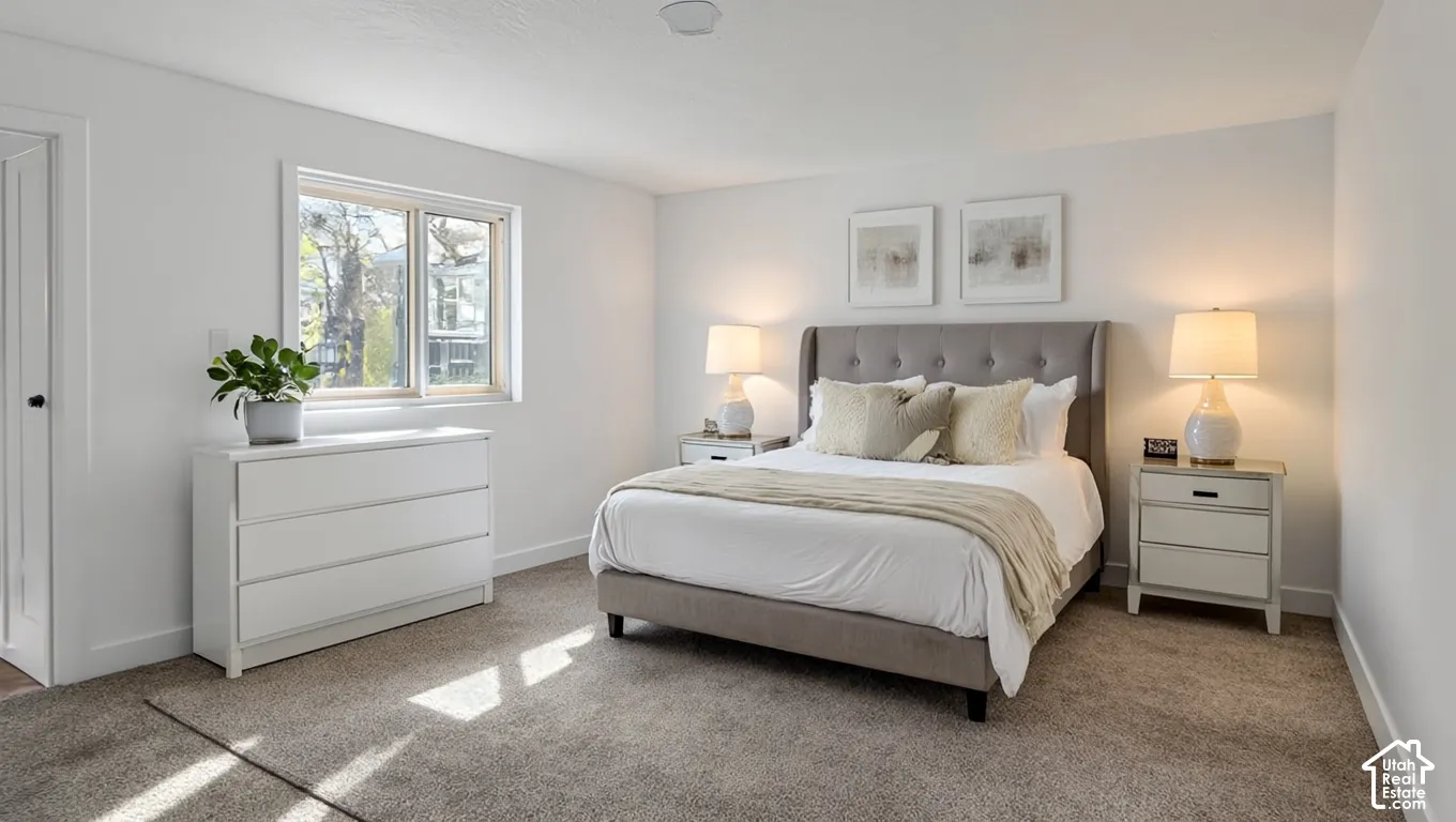 White walls, carpet flooring, and a single window with white trim