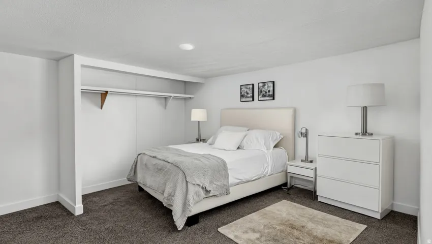Recessed ceiling lighting, built-in open closet with shelving and hanging rod, textured carpeting