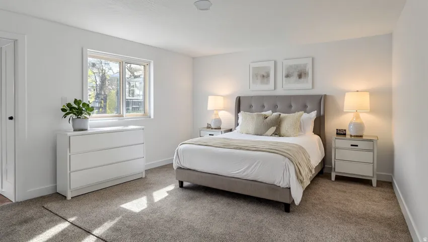 White walls, carpet flooring, and a single window with white trim