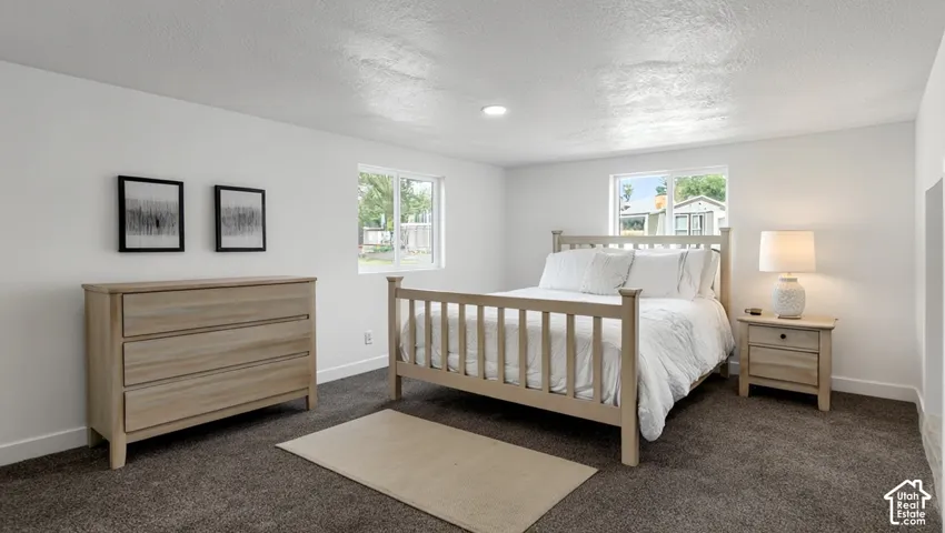 Recessed lighting, light-toned walls, and dark-toned carpeting