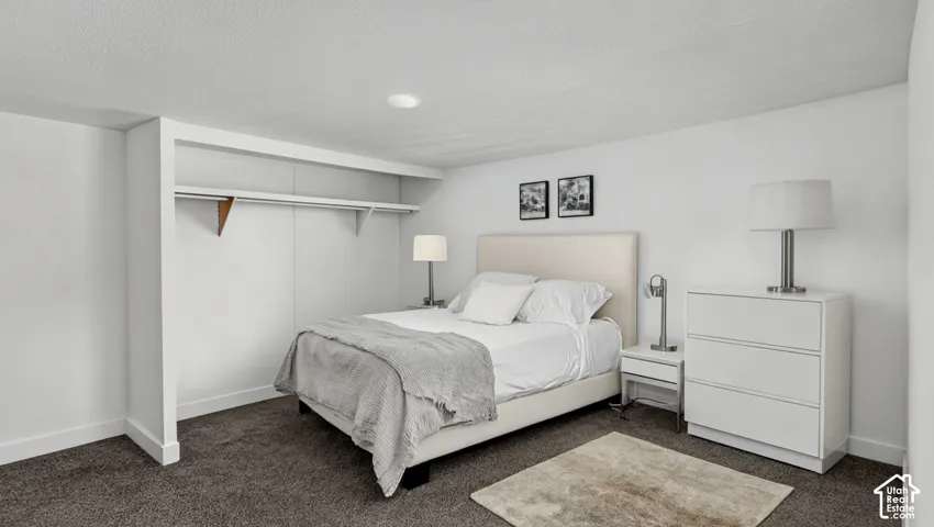 Recessed ceiling lighting, built-in open closet with shelving and hanging rod, textured carpeting