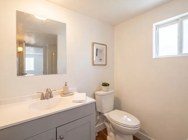Vanity with an integrated sink, brushed nickel faucet, large wall mirror, and toilet