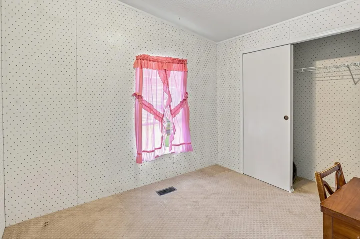 Sliding closet door, wire shelving system, patterned wall covering, carpeted flooring, window with natural light
