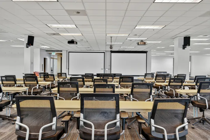 Two large projector screens, integrated ceiling speakers, recessed lighting, and patterned carpet flooring