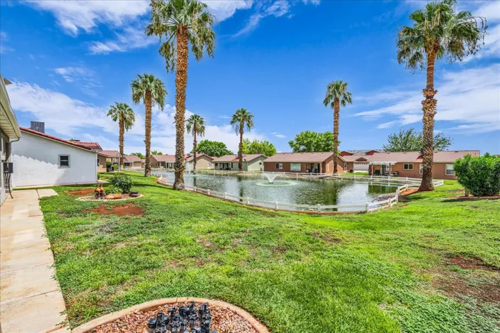 Expanse of green lawn with a water feature, a fountain, and mature palm trees