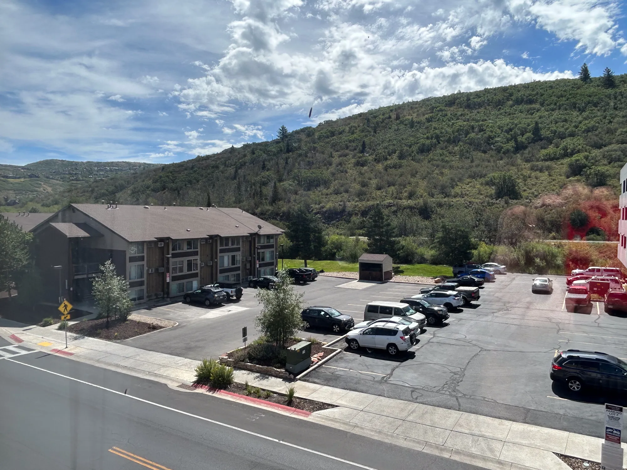 Paved parking area featuring mature trees and a sloped, natural backdrop