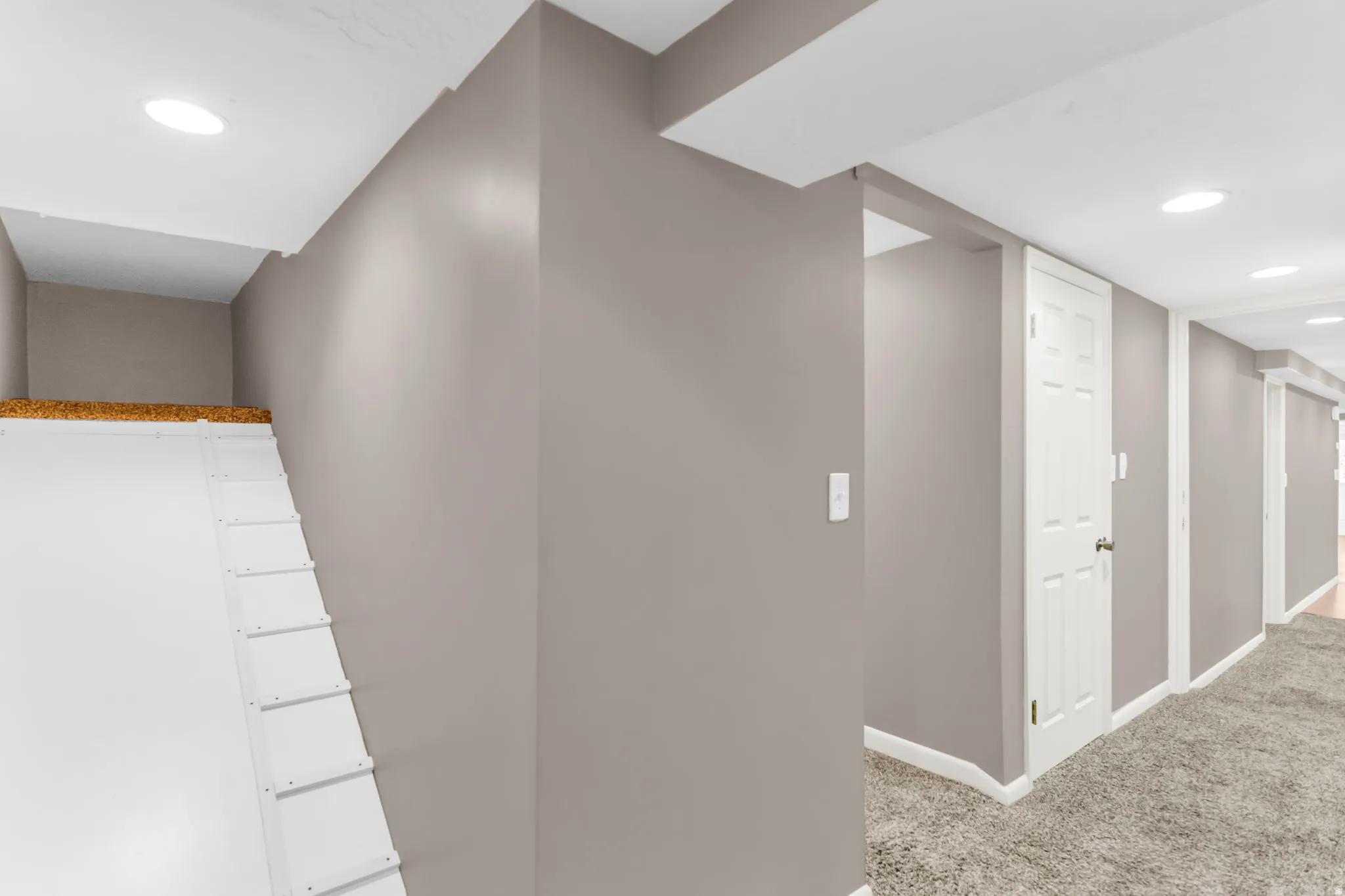 Recessed ceiling lighting, white trim, paneled interior doors, and neutral wall paint