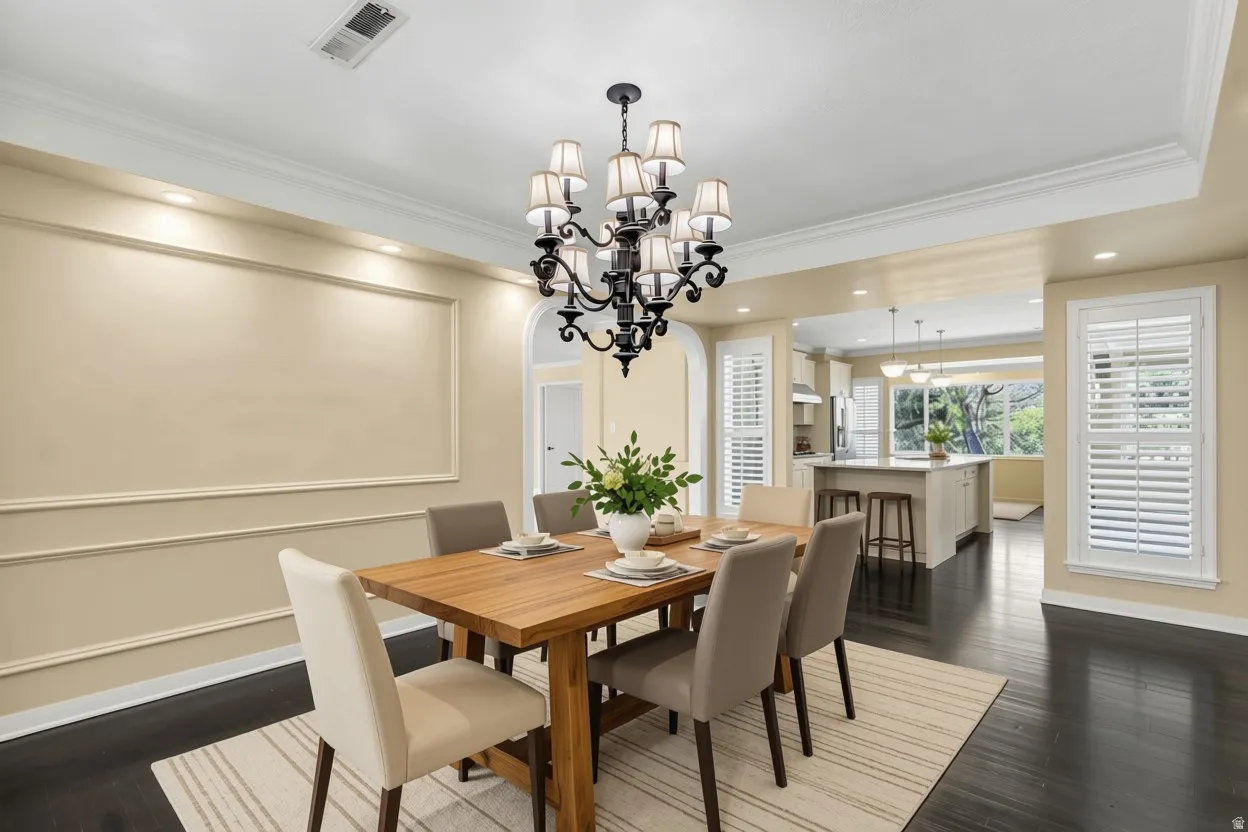 Dark wood-finish flooring, crown molding, and decorative wall trim