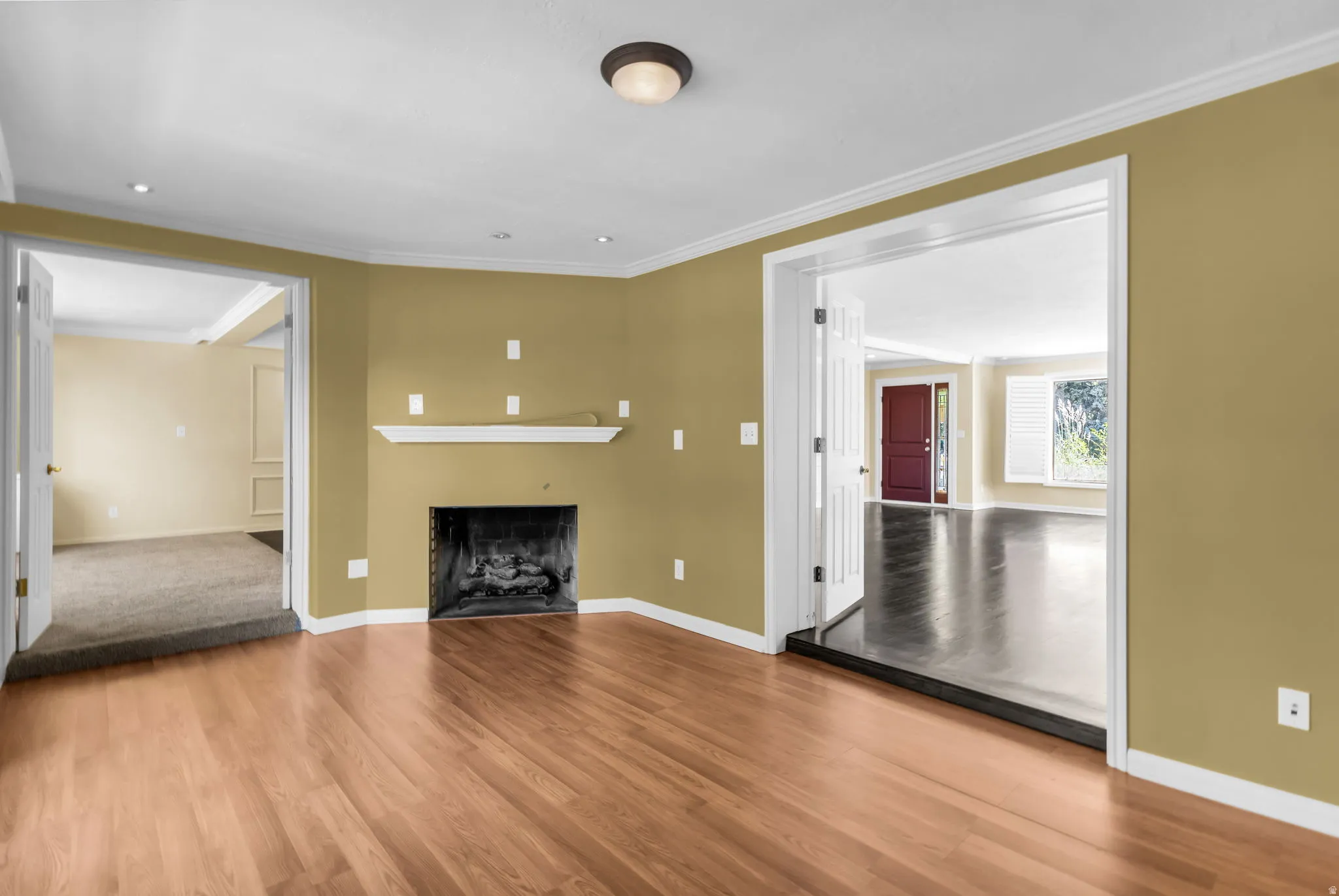 Hardwood flooring, recessed lighting, built-in fireplace, crown molding, and a solid core door