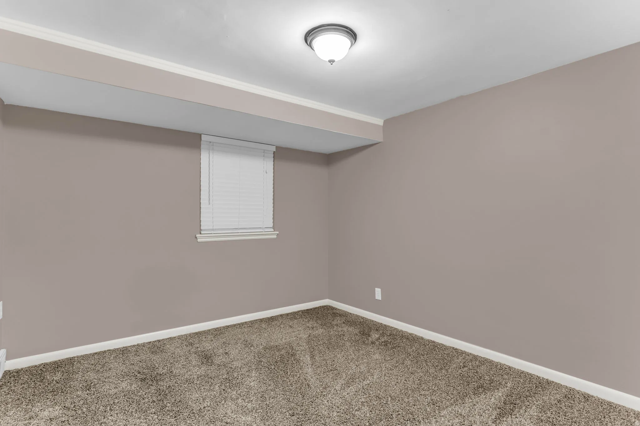 Neutral-toned walls, textured carpeting, recessed window with blinds, and ceiling-mounted light fixture