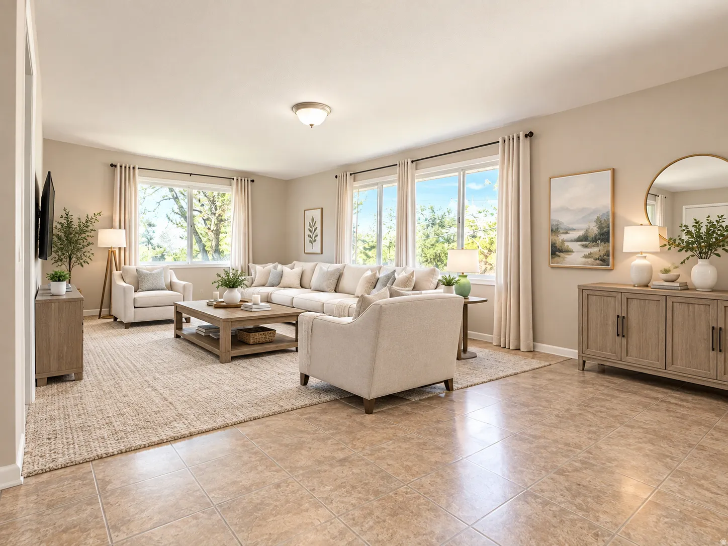Spacious living area featuring large windows, neutral wall tones, and overhead lighting