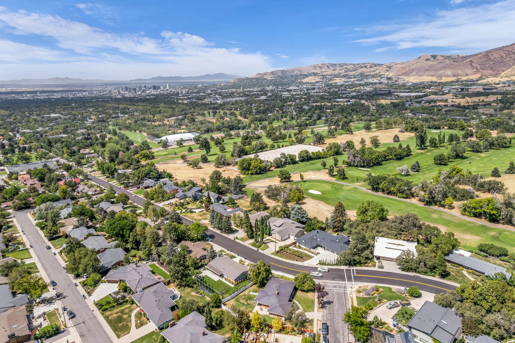 Aerial perspective showcasing this established residential community featuring mature landscaping, manicured lawns, tree-lined streets, and contemporary homes with dark rooflines