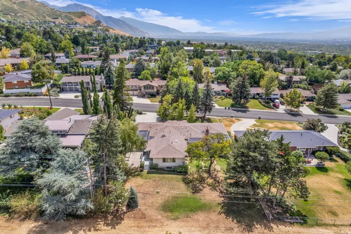 Expansive suburban setting with established residences, mature trees, and mountainous backdrop