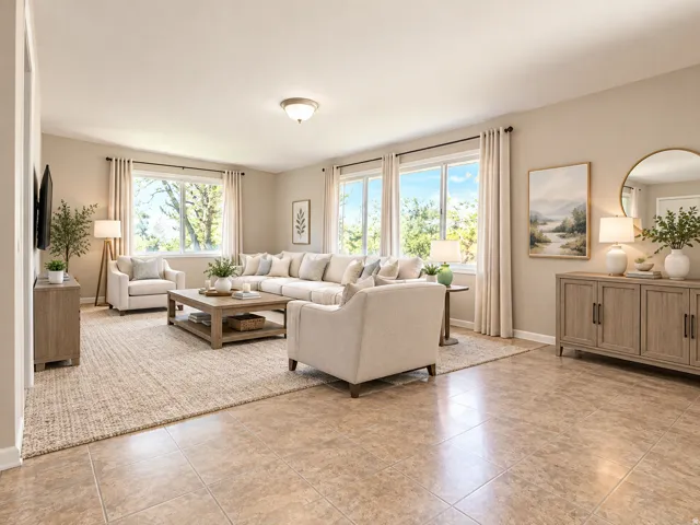 Spacious living area featuring large windows, neutral wall tones, and overhead lighting