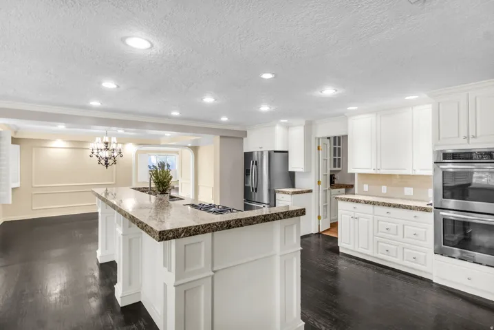 Gourmet kitchen featuring a large center island with decorative base panels and stone-top countertop, white cabinetry with raised-panel doors, stainless steel appliances including dual wall ovens, recessed ceiling lighting, dark hardwood flooring, and a b