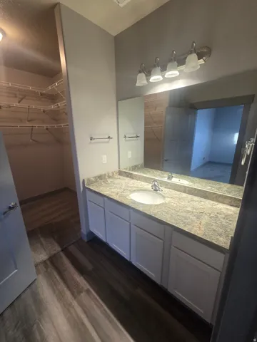 Vanity with a single basin, stone-finish countertop, and white cabinetry