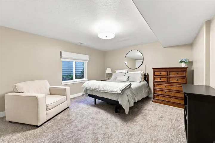 Neutral-toned walls, carpeted flooring, and a flush-mounted ceiling light fixture