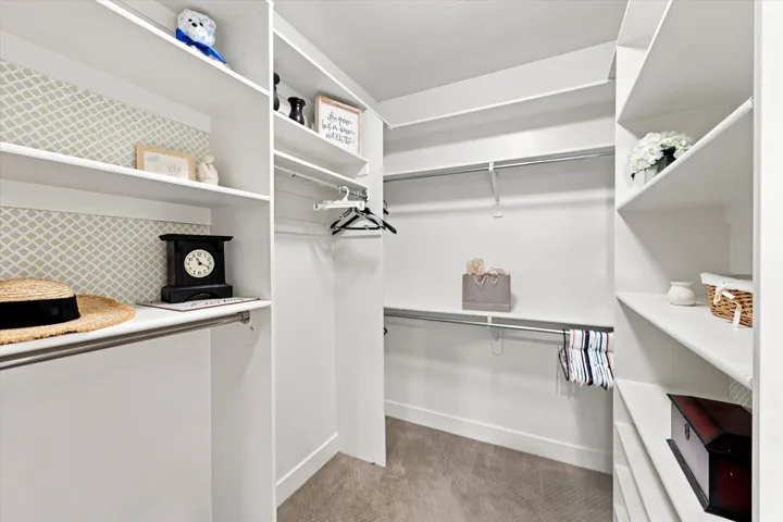 Walk-in closet with built-in shelving, hanging rods, and patterned accent wall