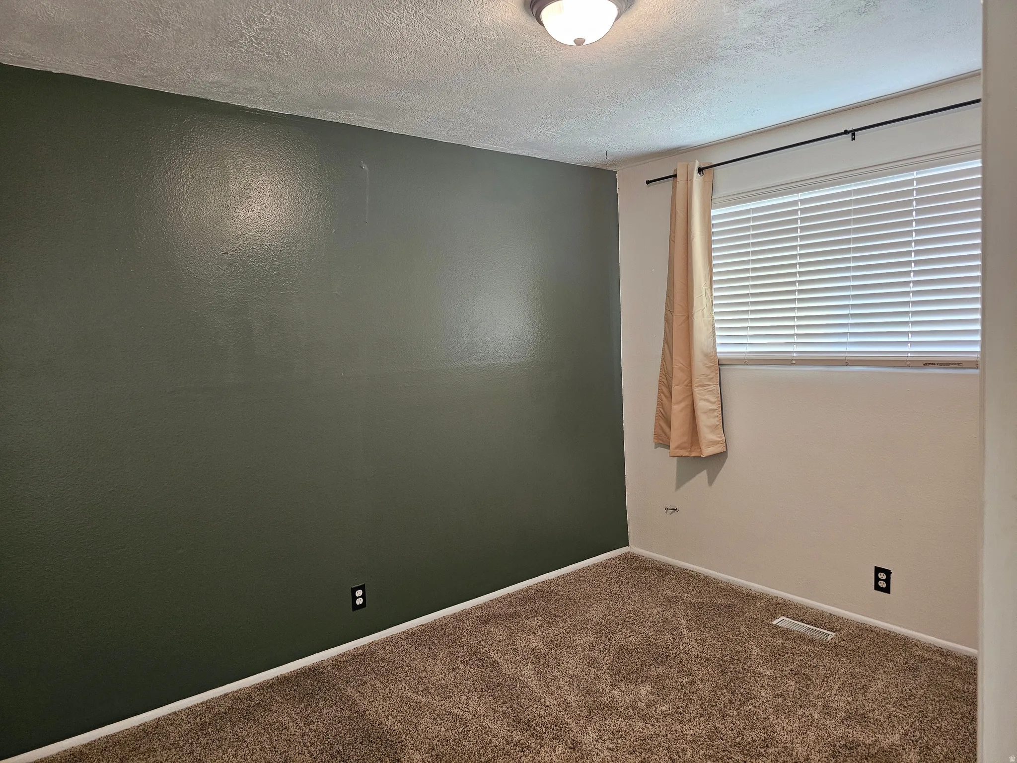 Textured ceiling, wall-to-wall carpeting, window with blinds, and flush-mount ceiling light