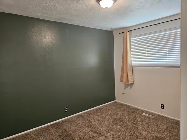 Textured ceiling, wall-to-wall carpeting, window with blinds, and flush-mount ceiling light