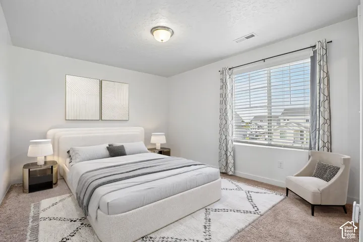 Wall-to-wall carpeting with a bright window and mounted ceiling light fixture