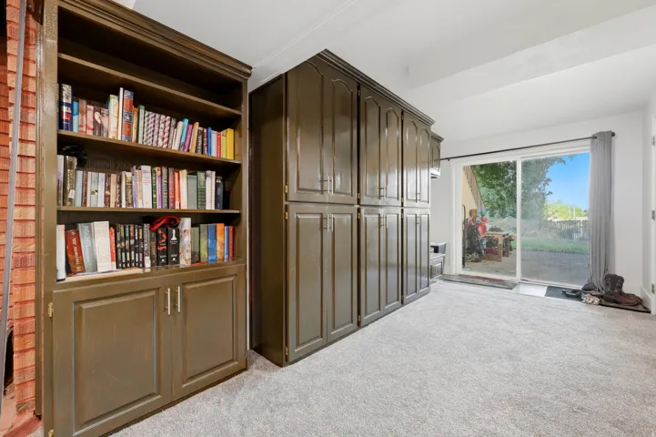 Built-in shelving, extensive cabinetry, light-toned carpeting, white ceiling, and a sliding glass door