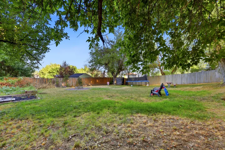 Expansive backyard featuring mature trees, a wooden privacy fence, and a storage shed