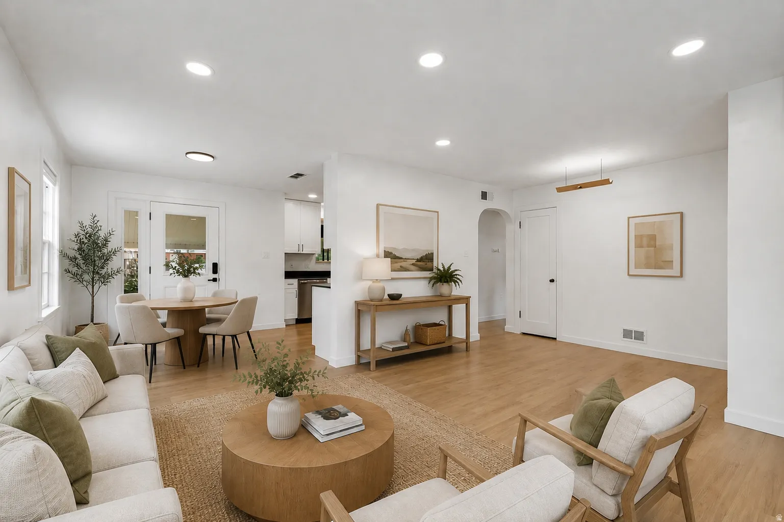 Open-concept living area featuring warm wood-finish flooring throughout, recessed ceiling lighting, and multiple seating zones anchored by a round wood-finish coffee table