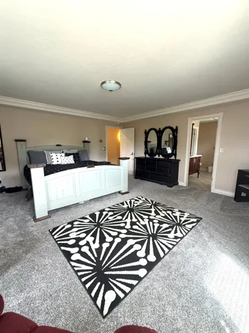 Spacious primary bedroom suite featuring a white-finished bed frame, gray carpeting throughout, recessed ceiling lighting, and a geometric patterned area rug