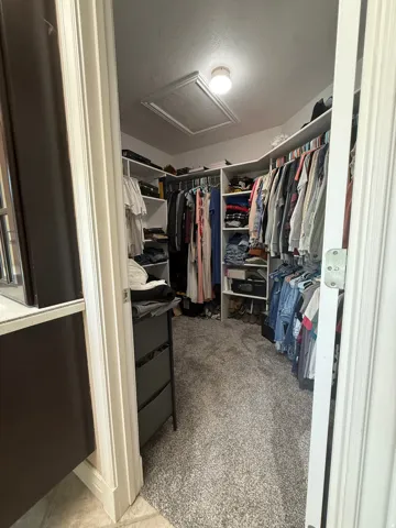 Walk-in closet with carpet flooring, built-in shelving, and hanging rods